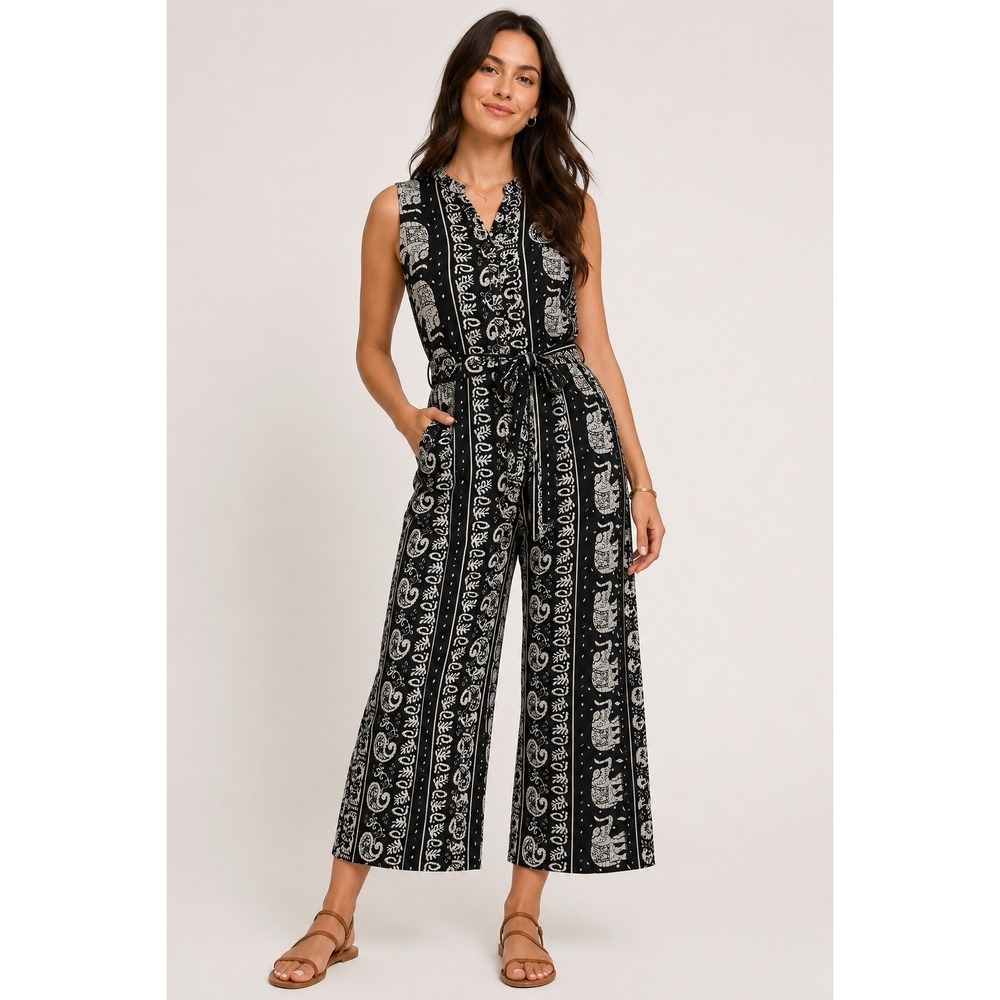 Soft Surroundings Elephant Print Jumpsuit Small Black White Wide Leg Boho Belt